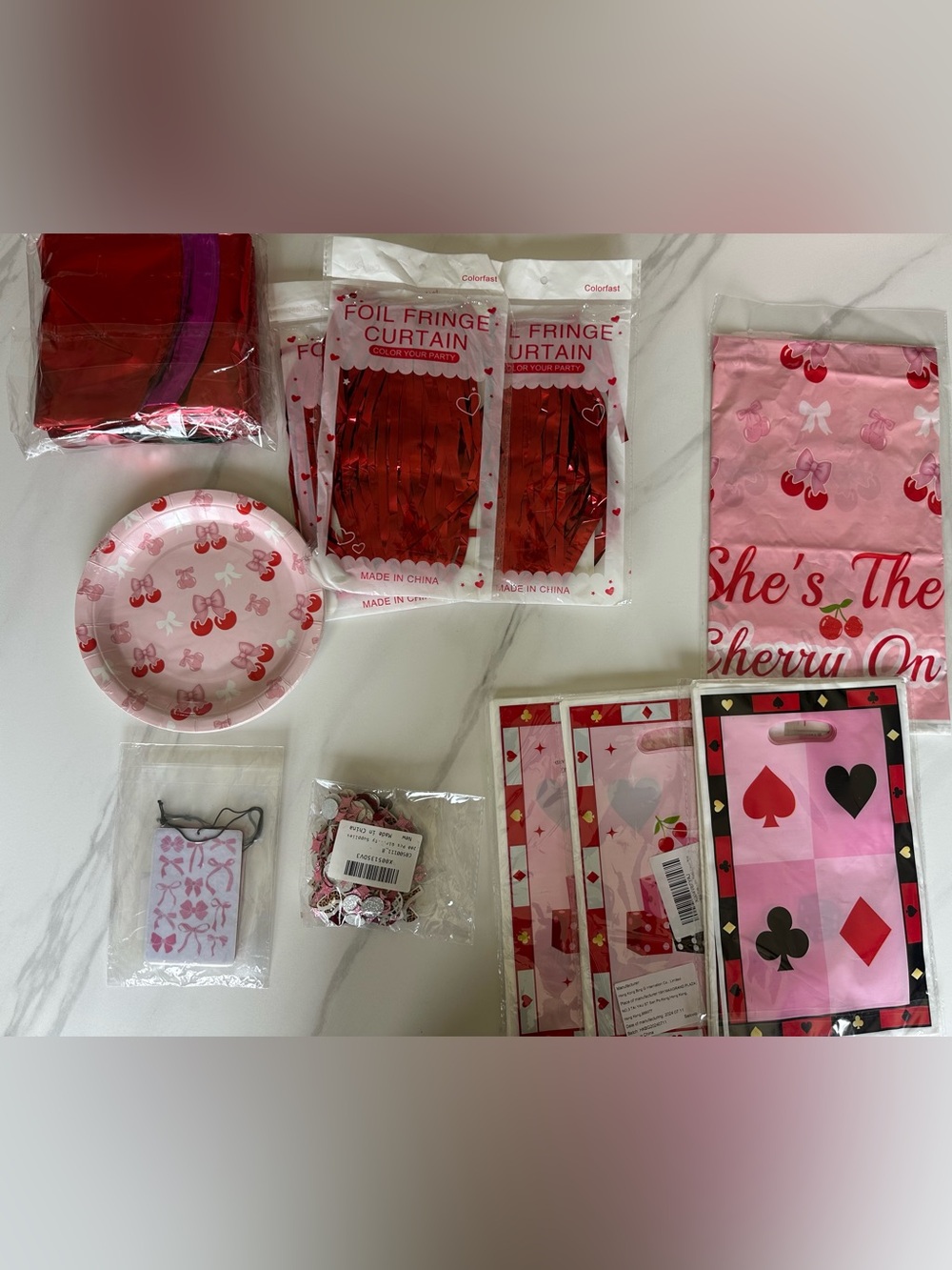 Red and Pink Foil Fringe Party Curtain and Tableware Set